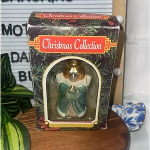 Rare Vintage Glass Blown Angels Christmas Ornament With Wings Silver & Teal NEW